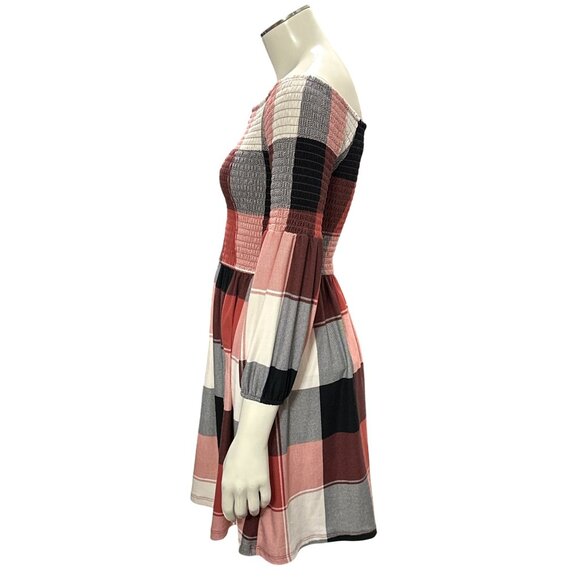 205 Collins Red Plaid Smocked Off Shoulder Flare Mini Dress Cottagecore Westernn - Picture 4 of 12